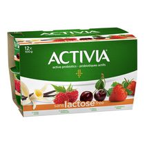 Activia Yogourt probiotique, sans lactose, saveur vanille / fraise / framboise / cerise, (emballage de 12)